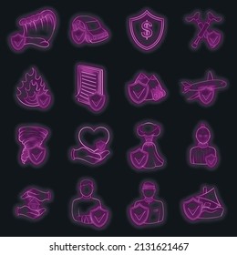 Insurance set icons in neon style isolated on a black background