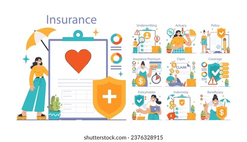 Insurance set. Idea of security and protection of life and property. Healthcare and first aid. Emergencies compensation or clinic services spendings coverage. Flat vector illustration