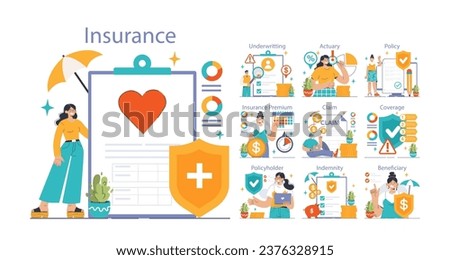 Insurance set. Idea of security and protection of life and property. Healthcare and first aid. Emergencies compensation or clinic services spendings coverage. Flat vector illustration