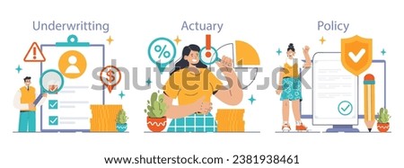 Insurance set. Idea of security and protection of life and property. Healthcare and first aid. Emergencies compensation or clinic services spendings coverage. Flat vector illustration