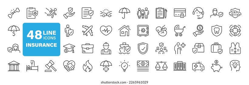 Insurance set of web icons in line style. Insurance and assurance icons for web and mobile app. Protection of health, life, property, car, home, travel insurance icons and more. Vector illustration