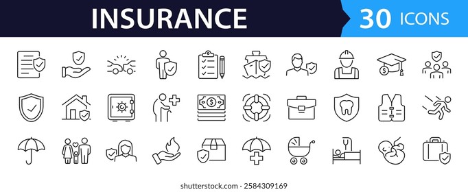 Insurance set of web icons in line style. Insurance and assurance icons for web and mobile app. Protection of health, life, property, car, home, travel insurance icons and more. Vector illustration