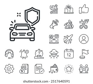 Insurance shield sign. Salaryman, gender equality and alert bell outline icons. Car secure line icon. Safe defense symbol. Car secure line sign. Spy or profile placeholder icon. Vector