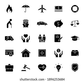 Insurance silhouette vector icons isolated on white. Insurance icon set for web, mobile apps, ui design and print