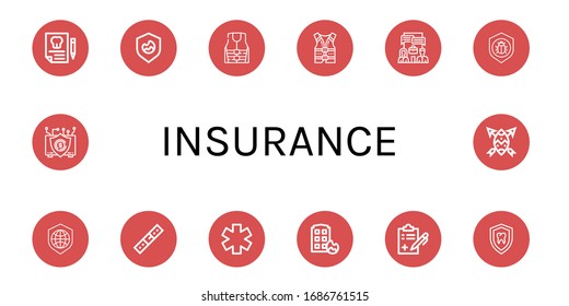 insurance simple icons set. Contains such icons as Dental insurance, Shield, Life jacket, System, Antivirus, Belt, Medicine symbol, House on fire, can be used for web, mobile and logo