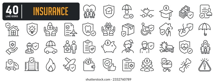 Insurance simple minimal thin line icons. Related health, travel, life, family, finance. Vector illustration. 