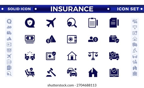 Insurance solid icon collection. Related to healthcare, medical, life, car, home, and travel insurance icons.