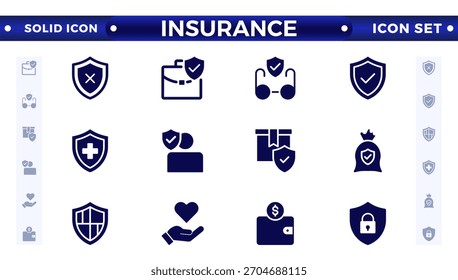 Solide Icon-Sammlung der Versicherung. Verwandt mit Gesundheits-, Medizin-, Lebens-, Auto-, Haus- und Reiseversicherungs-Symbole.