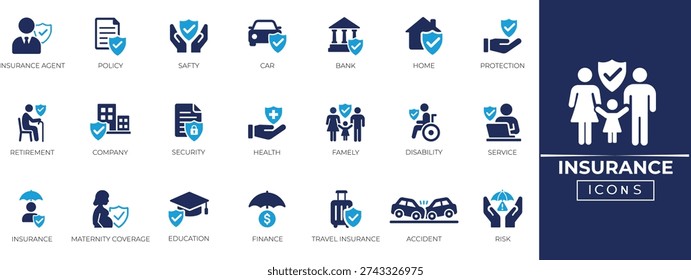 Insurance Solid Icon Set. Features solid icons for insurance symbols, health insurance, safety, risk management, etc. Perfect for insurance companies, and financial advisors icons collection.