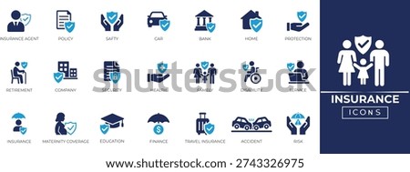 Insurance Solid Icon Set. Features solid icons for insurance symbols, health insurance, safety, risk management, etc. Perfect for insurance companies, and financial advisors icons collection.