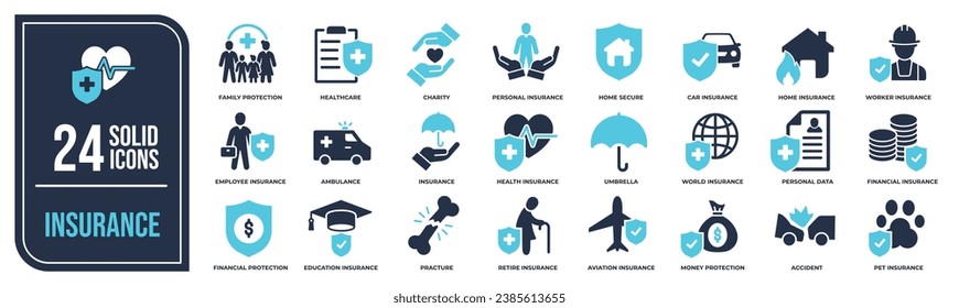 Insurance solid icons collection. Containing healthcare, life, car, home, business icons. For website marketing design, logo, app, template, ui, etc. Vector illustration.