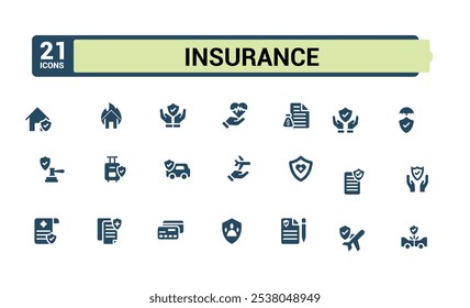 Versicherung solide Symbole gesetzt. Verbunden mit Sicherheit, zu Hause, Geschäft, schützen, Gesundheit, Behinderung, Kaution, Eigentum. Gefüllte Symbolsammlung. Vektorgrafik.