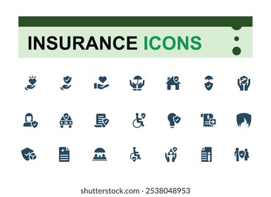 Conjunto de iconos sólidos de seguros. Relacionado con la garantía, hogar, negocio, proteger, salud, discapacidad, depósito, propiedad. Colección de símbolos rellenos. Ilustración vectorial.