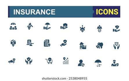 Conjunto de iconos sólidos de seguros. Relacionado con la garantía, hogar, negocio, proteger, salud, discapacidad, depósito, propiedad. Colección de símbolos rellenos. Ilustración vectorial.