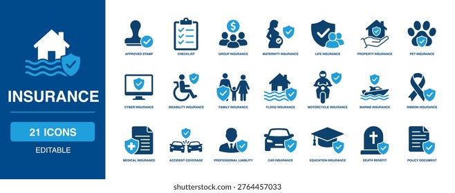 Insurance solid vector glyp  insurance icon set including group, maternity, life, property insurance, cyber insurance, car, and policy document icons