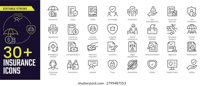 Insurance Stroke icon collections. Containing policy, claim, coverage, protection, risk management, financial security, life protection, healthcare, and medical care icons. Editable Stroke icon collection Outline icon
