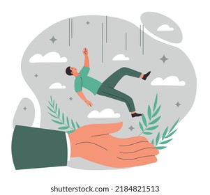 Insurance and support. Big hand catches falling man, young guy. Boss takes care of his subordinates and creates best comfortable conditions for effective work. Cartoon flat vector illustration