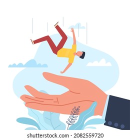 Insurance and support. Tiny man falling on big arm. Helping hand in crises and misfortune. Insure life or business. Risk and emergency prevention. Rescue and assistance. Vector concept