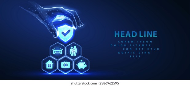 Sistema de seguros. Hexagons hizo la pirámide y la mano sostiene el elemento superior con un icono de escudo. Asistente de IA virtual, avión de seguro, agente artificial, tecnología digital, integración de IA, servicio futurista