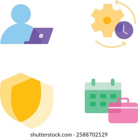 Insurance and tech application icon set. Coloured icons for app UI and time, user, setting, privacy.