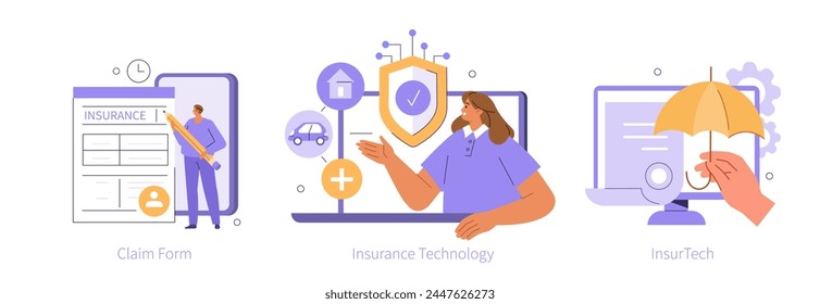 Insurance technology concept set. Collection of people using insurtech services, filling claim form online and buying digital insurance policy. Vector illustration 