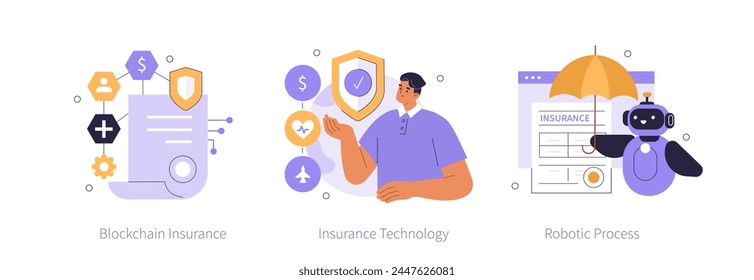 Insurance technology concept set. Digital insurtech services, robotic process automation with bot and blockchain in insurance industry. Vector illustration 