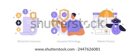Insurance technology concept set. Digital insurtech services, robotic process automation with bot and blockchain in insurance industry. Vector illustration 