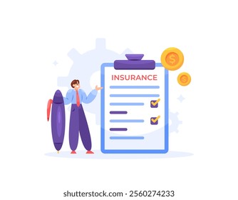 insurance terms and conditions concept. insurance policy. money and financial protection against risk. Life and Health Protection. illustration of a man with agreement document paper on clipboard