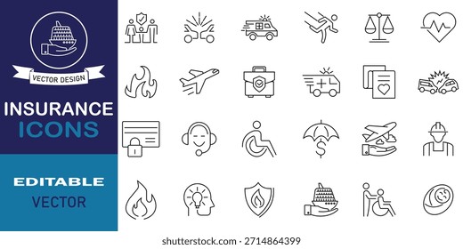 Conjunto de iconos de línea delgada de seguro. Colección de iconos de esquema de seguros 24. Política, vida, médico, coche, hogar, dinero y más concepto. Trazo editable. Ilustración vectorial.