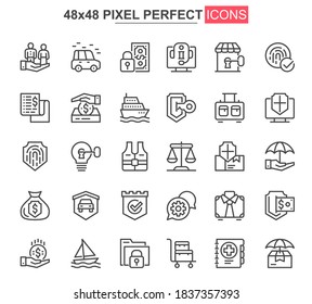 Insurance thin line icons set. Accidents protection and life insurance unique design icons. Financial safety, retirement program outline vector bundle. 48x48 pixel perfect linear pictogram pack.