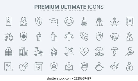 Insurance Thin Line Icons Set Vector Illustration. Abstract Outline Policy Protection From Car And Property Damage, Business And Pension, Health Care And Life Safety During Travel Or Disasters