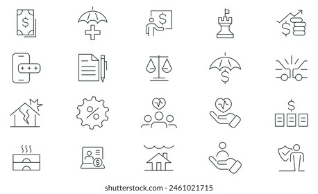 Insurance thin line icons set. Life, medical, car, travel, house, healthcare, money and social insurance thin line icon pack. Outline icons collection.