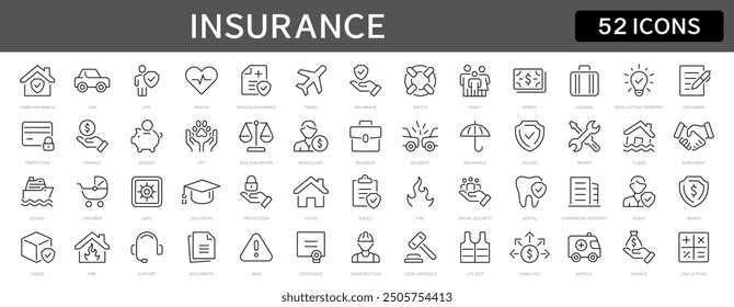 Insurance thin line icons set. Insurance editable stroke symbols collection. Life, car, house, care, money, pet insurance editable stroke icon. Vector illustration