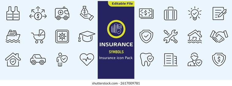 Insurance thin line icons set. Insurance editable stroke symbols collection. Life, car, house, care, money, pet insurance editable stroke icon. Vector illustration