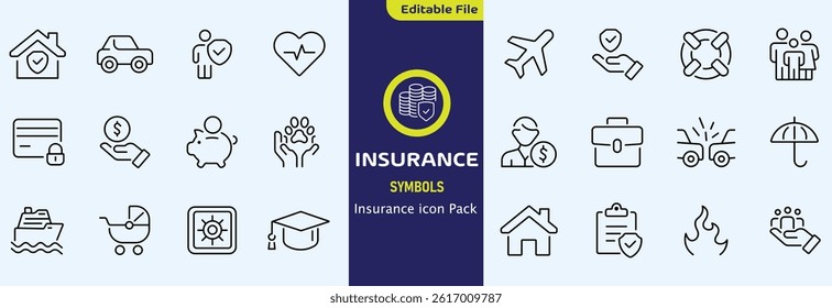 Insurance thin line icons set. Insurance editable stroke symbols collection. Life, car, house, care, money, pet insurance editable stroke icon. Vector illustration