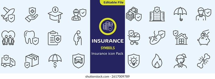 Insurance thin line icons set. Insurance editable stroke symbols collection. Life, car, house, care, money, pet insurance editable stroke icon. Vector illustration
