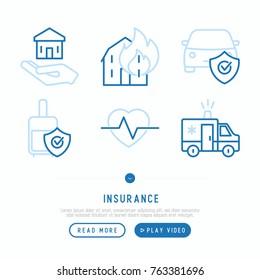 Insurance thin line icons set: health, life, car, house, luggage, savings. Modern vector illustration for banner, template of web page, print media.