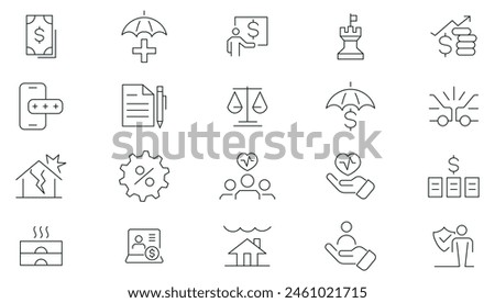 Insurance thin line icons set. Life, medical, car, travel, house, healthcare, money and social insurance thin line icon pack. Outline icons collection.