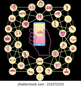 Insurance is threaded with pink icons network on mobile phones.