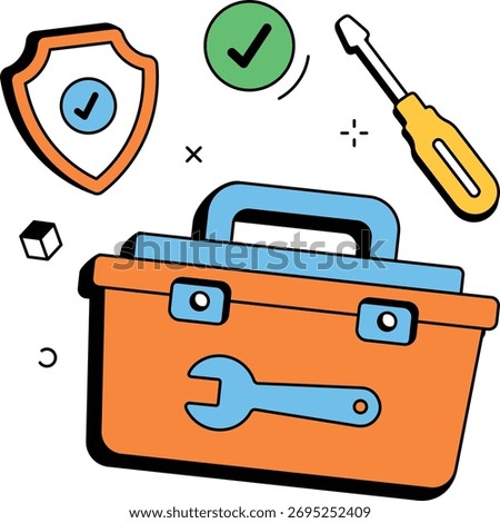 Insurance toolkit with a guarantee shield, wrench, screwdriver and checkmark. Perfect for website or app illustrating financial insurance.