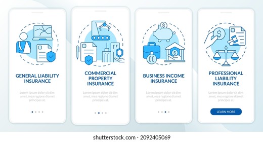 Insurance types blue onboarding mobile app screen. Policy walkthrough 4 steps graphic instructions pages with linear concepts. UI, UX, GUI template. Myriad Pro-Bold, Regular fonts used