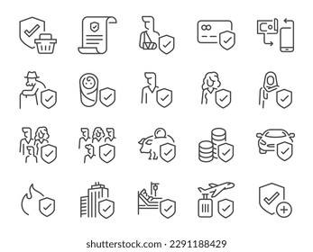 Insurance types icon set. It included pension, protection, risk management, Takaful, health insurance, and more icons.