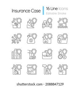 Insurance types linear icons set. Accidents financial protection guaranty. Customizable thin line contour symbols. Isolated vector outline illustrations. Editable stroke. Quicksand-Light font used