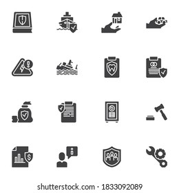 Tipos de seguros conjunto de iconos vectoriales, colección moderna de símbolos sólidos, paquete de pictogramas estilo relleno. Señales, ilustración del logotipo. El juego incluye íconos como el envío, el viaje, el dinero y las finanzas, la medicina, la boda