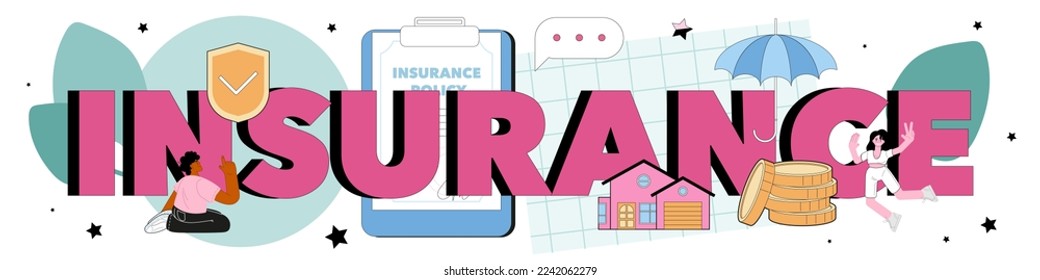 Insurance typographic header. Idea of security and protection of property and life from damage. Healthcare and medical service cost coverage. Flat vector illustration