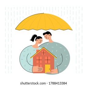 Insurance umbrella secure family and the house from risks. Mortgage insuranse concept illustration.