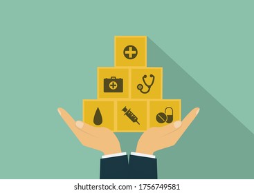 Versicherungs-Vektorkonzept mit Symbolen. Blockstapeln mit Ikone Gesundheitswesen, Versicherung für Ihr Gesundheitskonzept.