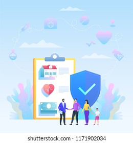 Insurance vector concept with icons. Family with agent. Shield and insurance policy