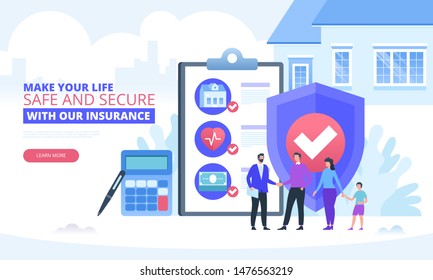 Insurance vector concept with icons. Family with agent. Shield and insurance policy