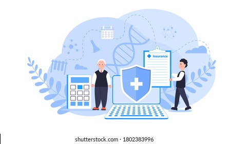 Insurance vector concept, people are filling health insurance form online. Help agent or broker service for calculate bill. Illustration can be used for landing page, ui, web, mobile app.